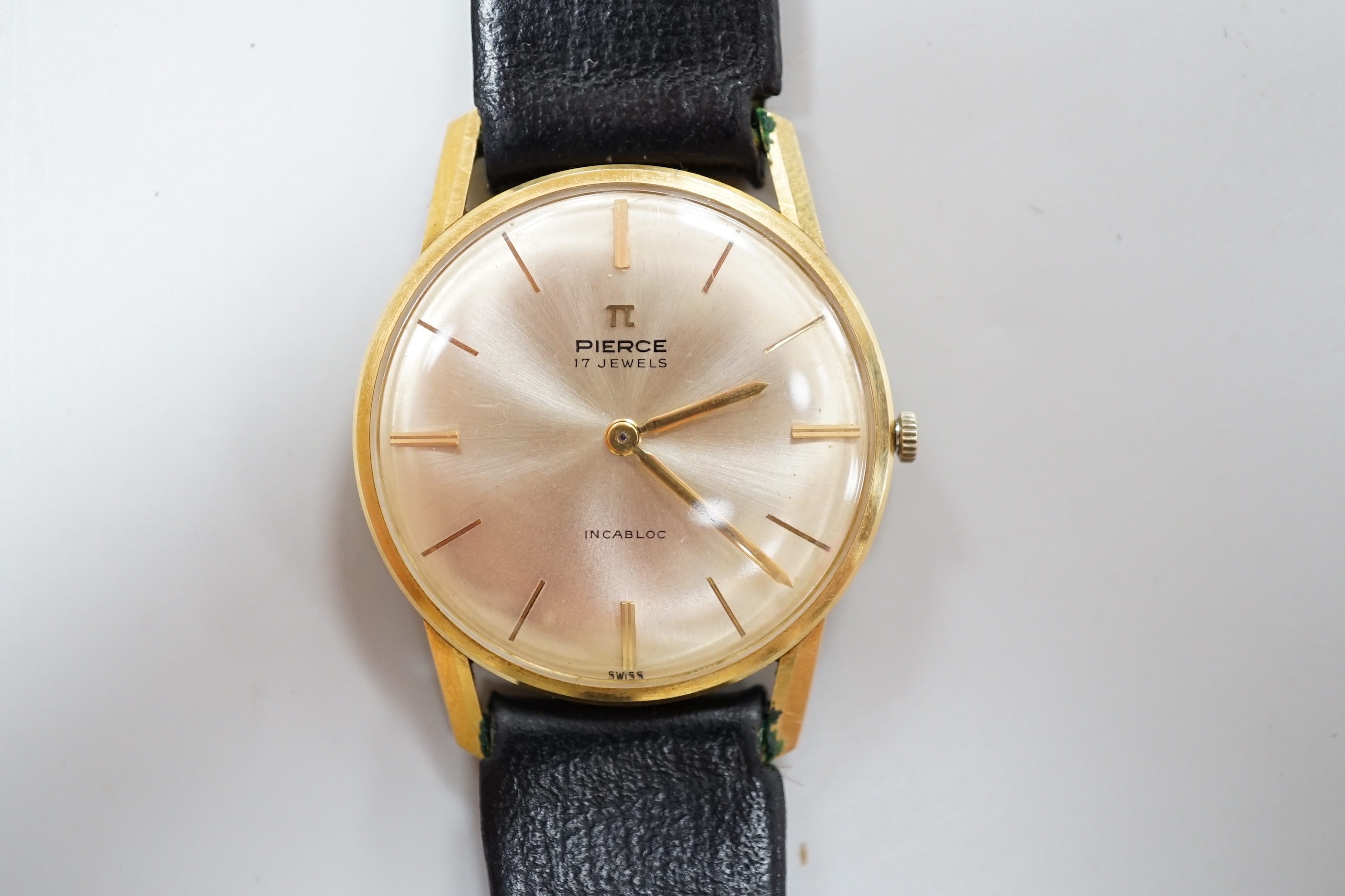 A gentleman's 18K Pierce Incabloc wrist watch, number 12175, with later black leather strap